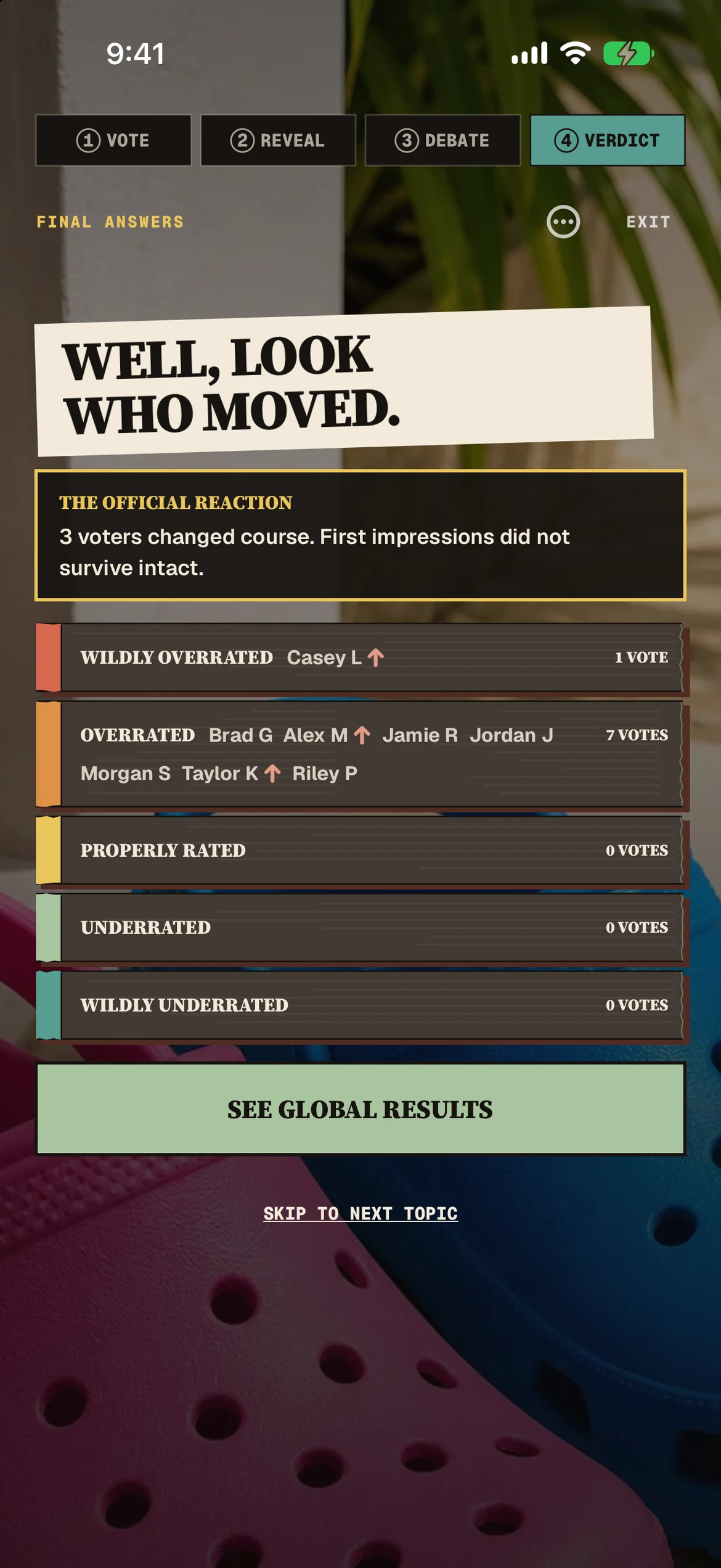 RATED verdict screen showing changed votes